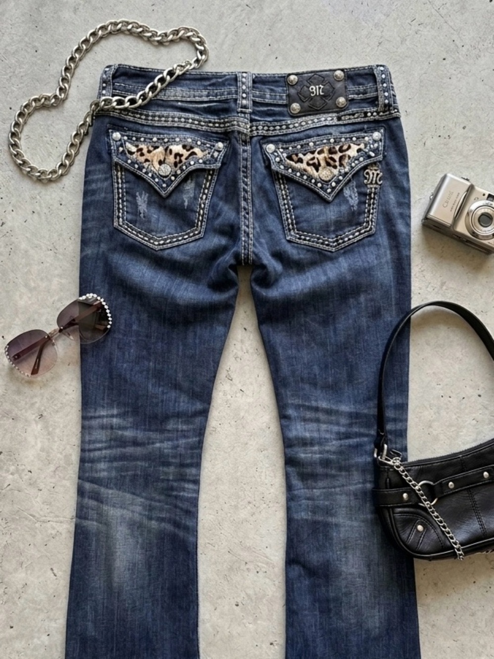 Miss Me Bootcut Jeans Leopard Print Bling Rhinestone Embellished Size 30